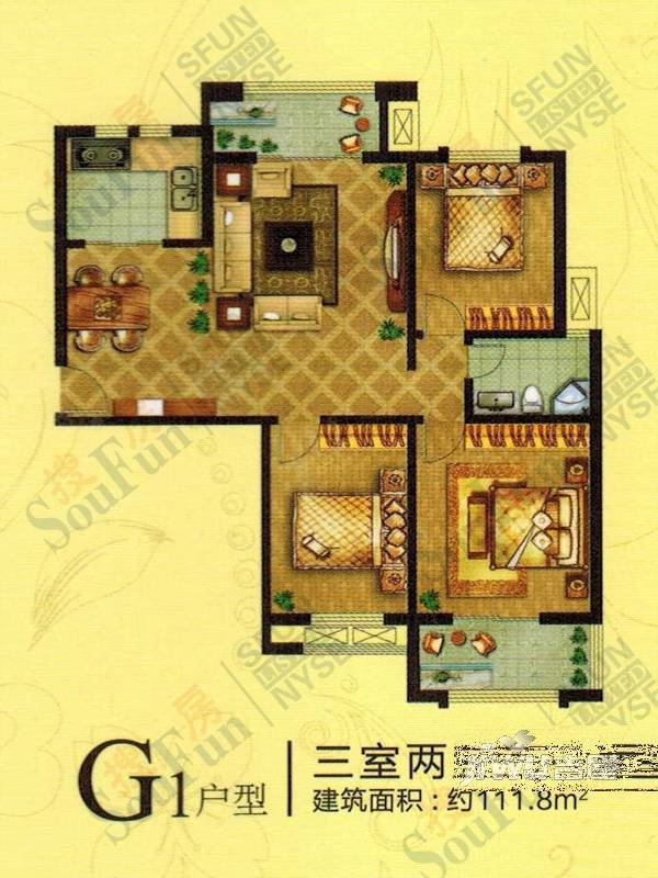 江北绿城3室1厅1卫111㎡户型图