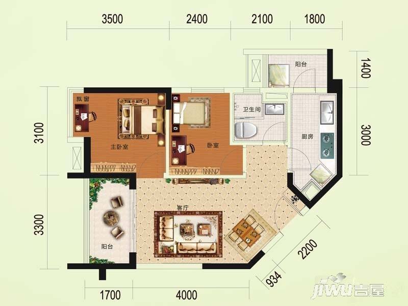 碧桂园澜江华府2室2厅1卫68.5㎡户型图