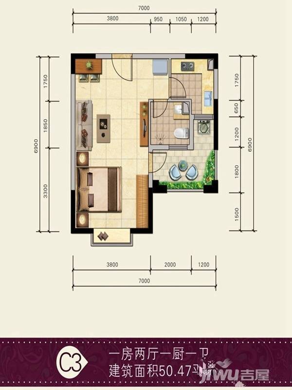 瑞德家园1室2厅1卫50.5㎡户型图