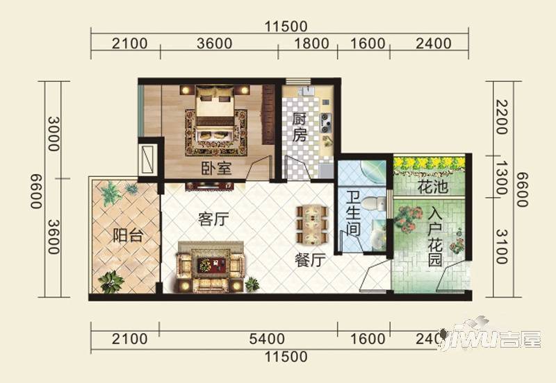 德盛南岛康城1室1厅1卫45㎡户型图