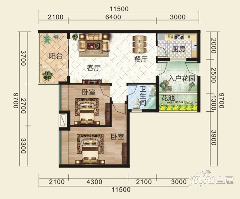 德盛南岛康城1室1厅1卫45㎡户型图