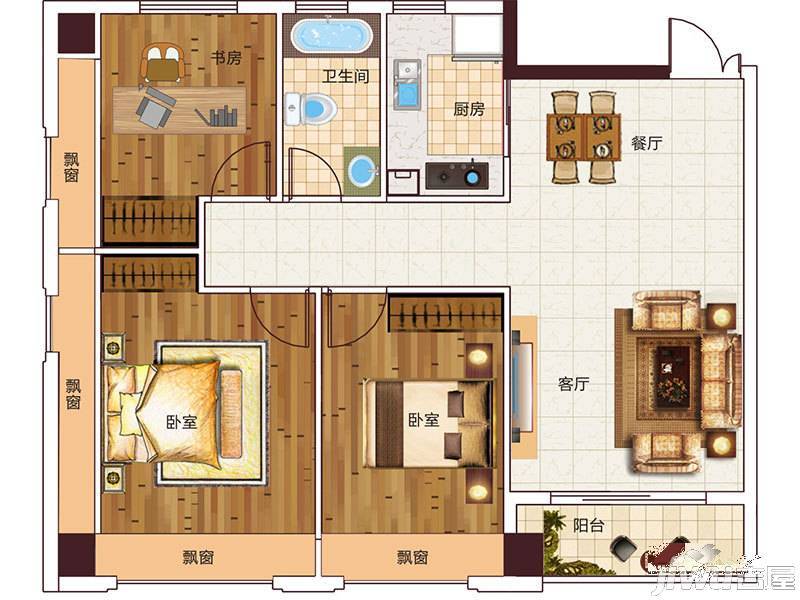 云中仙居二期3室2厅1卫105㎡户型图