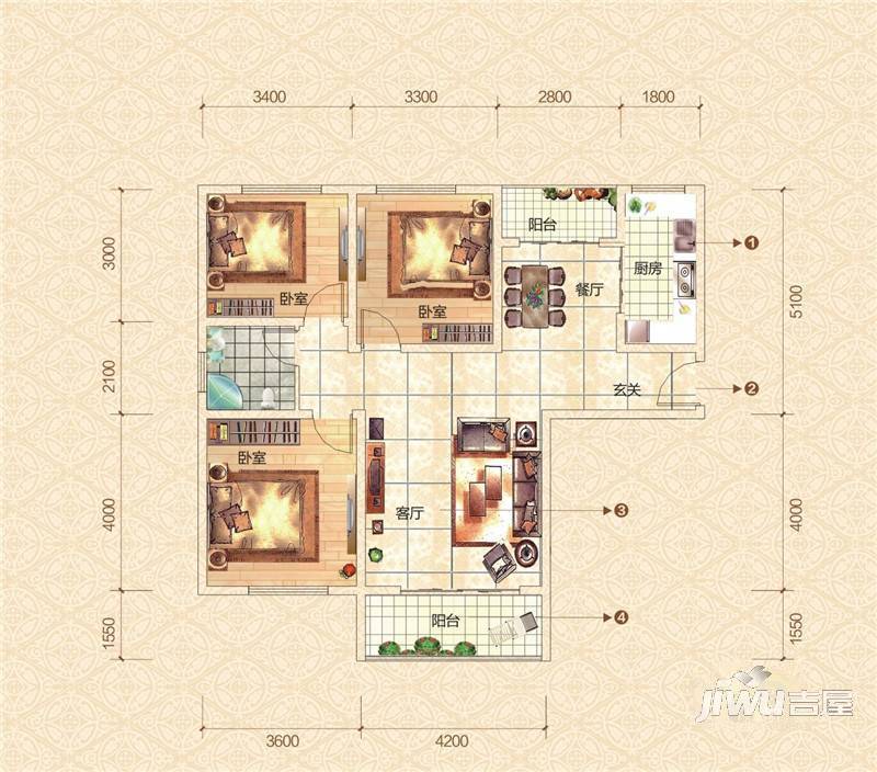 北京公馆3室2厅2卫128.6㎡户型图