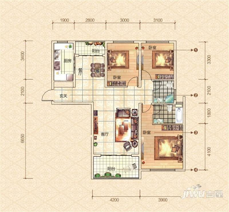 北京公馆3室2厅2卫128.6㎡户型图