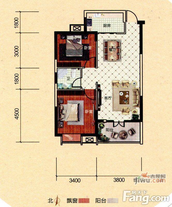 首信东方墨尔本2室2厅1卫87.5㎡户型图