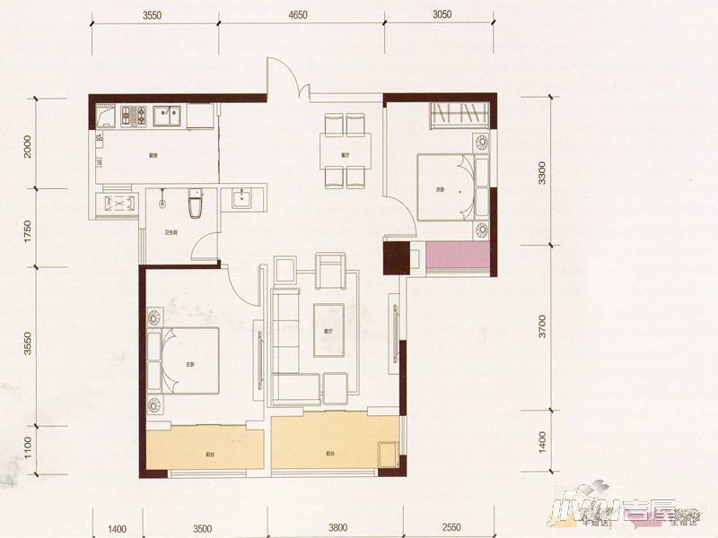 绿地铂派公寓2室2厅1卫89㎡户型图