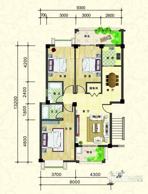 冠城·揽翠华庭3室2厅2卫129.1㎡户型图