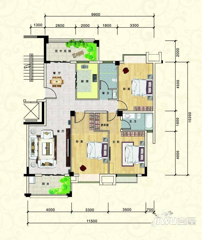 冠城·揽翠华庭3室2厅2卫129.1㎡户型图