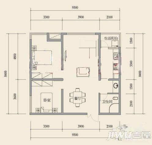 西双十贰城2室3厅1卫92.3㎡户型图