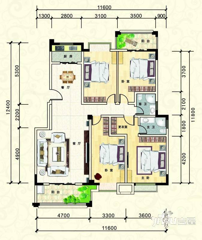 冠城·揽翠华庭3室2厅2卫129.1㎡户型图