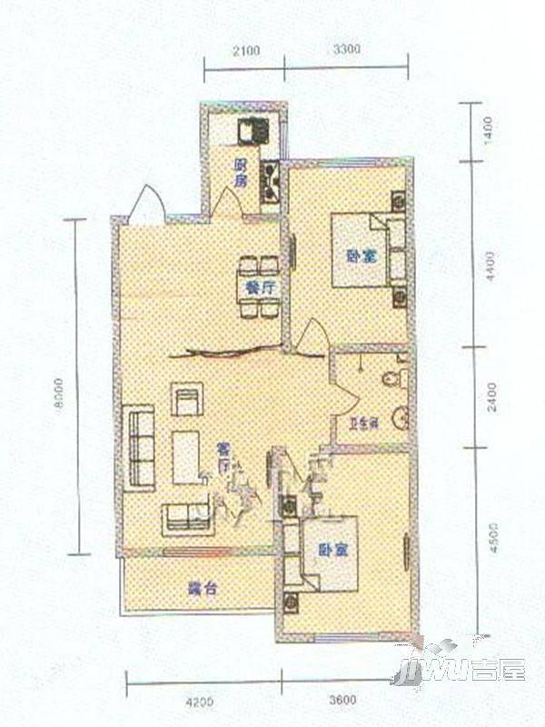 天福新城2室1厅1卫66.1㎡户型图