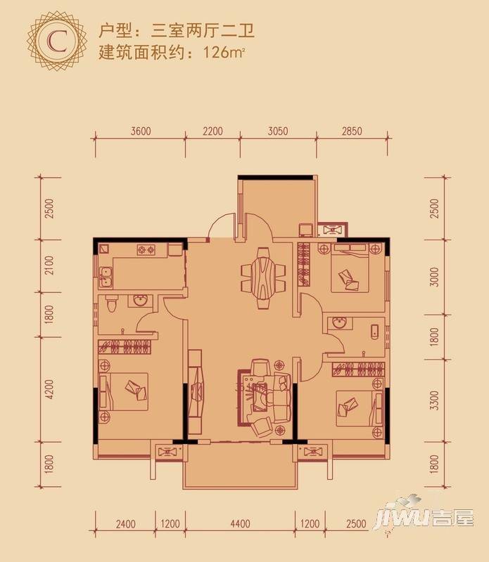 云山福邸3室2厅2卫126㎡户型图