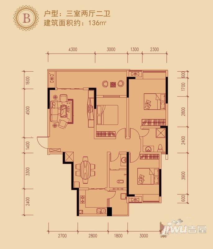 云山福邸2室2厅1卫105㎡户型图