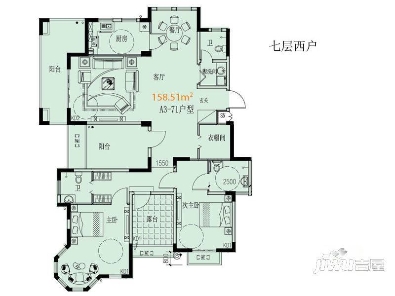 万丽铂金瀚宫2室2厅1卫132.4㎡户型图