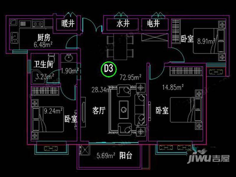 欧洲小镇3室2厅1卫137.7㎡户型图