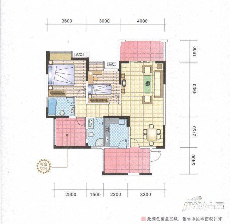 印象戛纳二期青云2室2厅2卫102.5㎡户型图