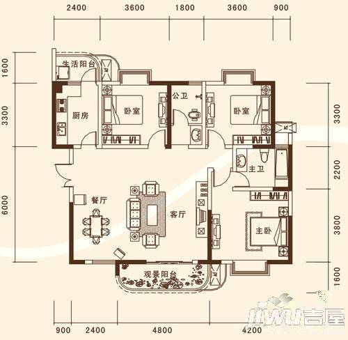 明康华庭阳光2室2厅1卫89.9㎡户型图