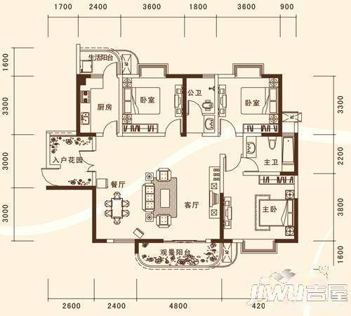 明康华庭阳光2室2厅1卫89.9㎡户型图