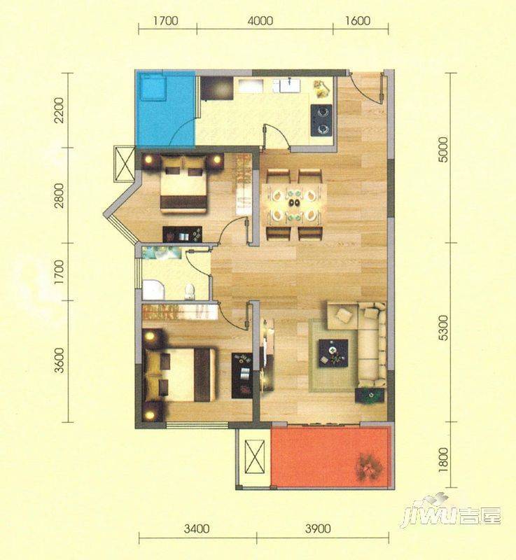 东方御景2室2厅1卫90㎡户型图