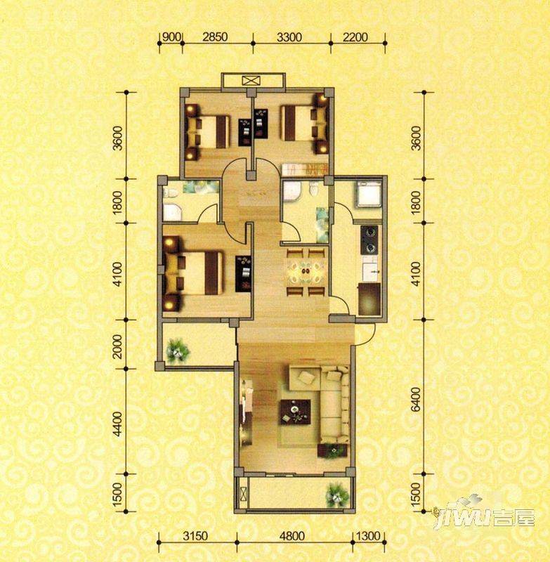 东方御景3室2厅2卫122.6㎡户型图