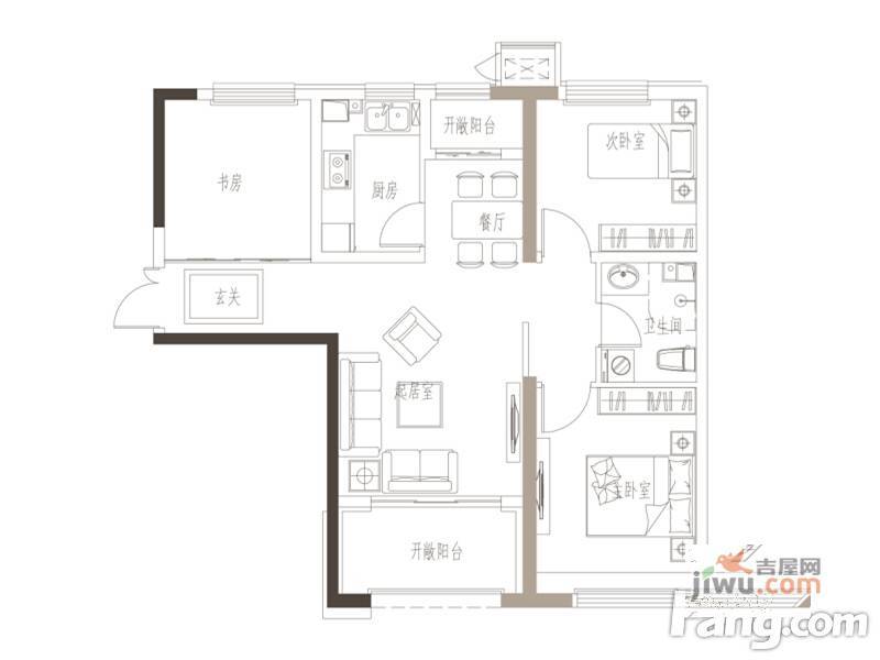 K2海棠湾3室2厅1卫96㎡户型图