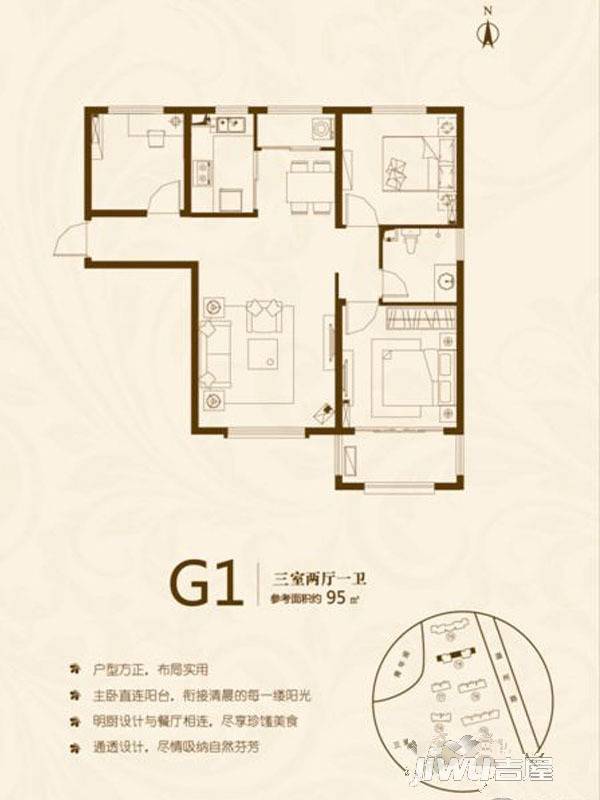 天一仁和城3室2厅1卫95㎡户型图