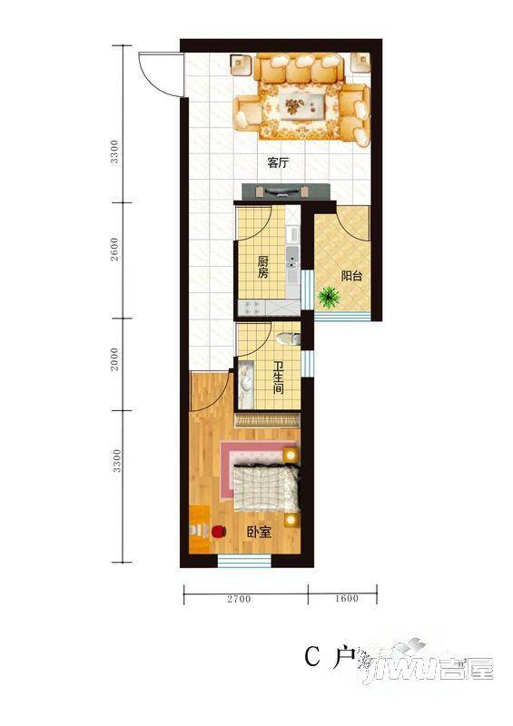 京中京昱大厦1室1厅1卫49.4㎡户型图