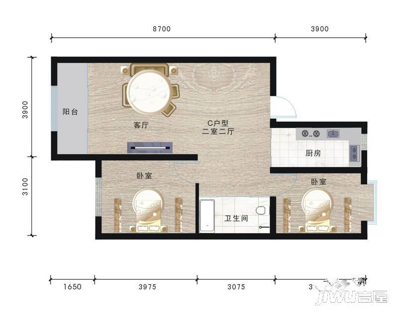 裕邦城北名都2室2厅1卫户型图