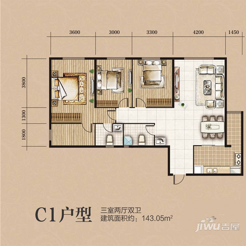 左岸城邦3室2厅2卫143.1㎡户型图