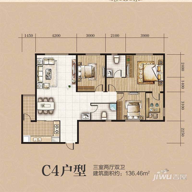 左岸城邦3室2厅2卫136.5㎡户型图