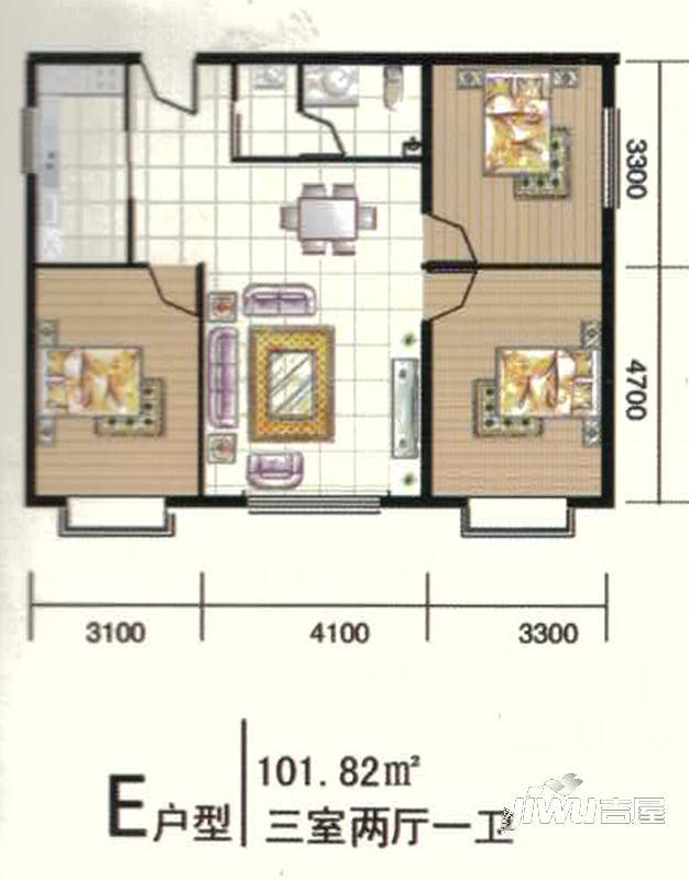 青蓝家园3室2厅1卫101.8㎡户型图