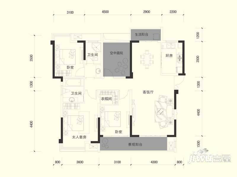 华厦爱嘉丽都3室2厅2卫142㎡户型图