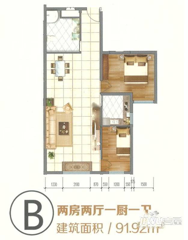 团结大厦2室1厅1卫91.9㎡户型图