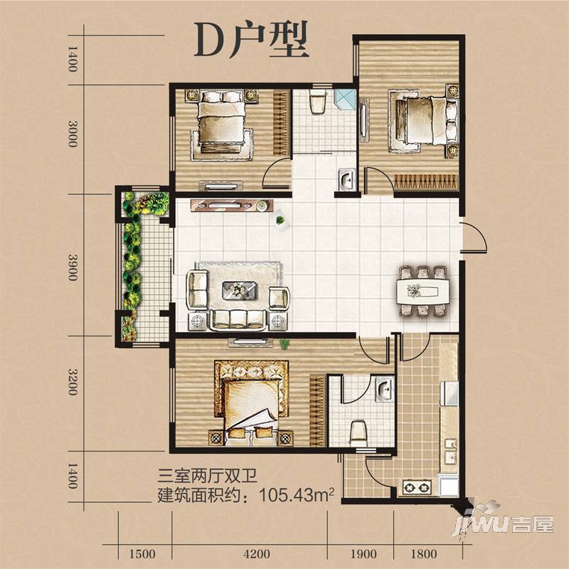 左岸城邦3室2厅1卫106.5㎡户型图