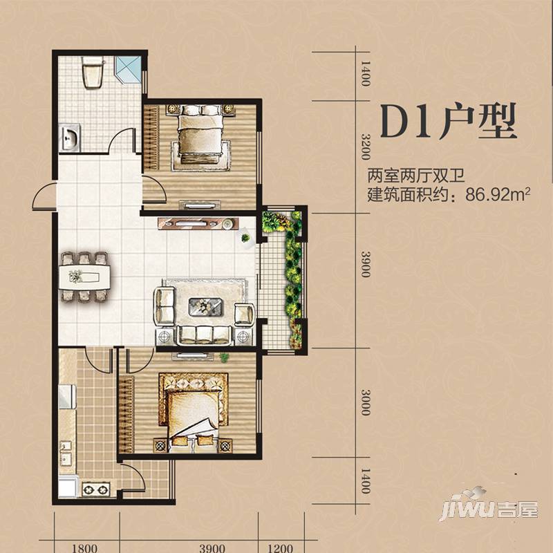 左岸城邦2室2厅2卫86.9㎡户型图