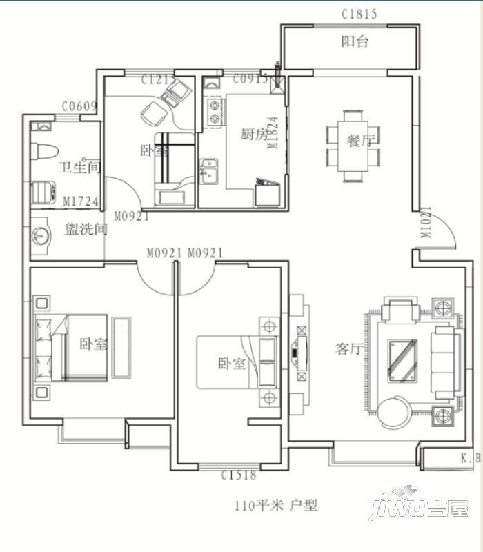 翰林东院3室2厅1卫90㎡户型图