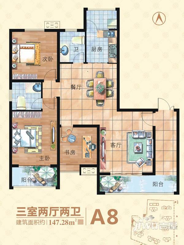 瑞鸿湖畔名居3室2厅2卫121.1㎡户型图