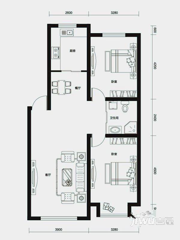 公元尚品2室2厅1卫90.8㎡户型图