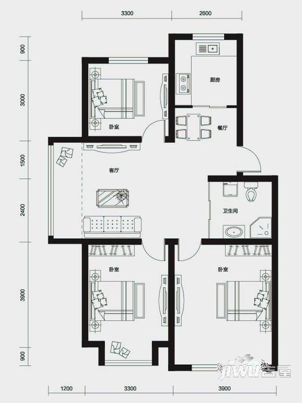 公元尚品3室2厅1卫196㎡户型图