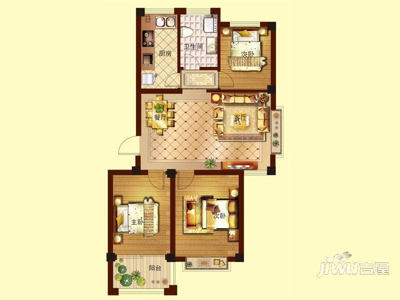 学府上城3室2厅1卫93.6㎡户型图