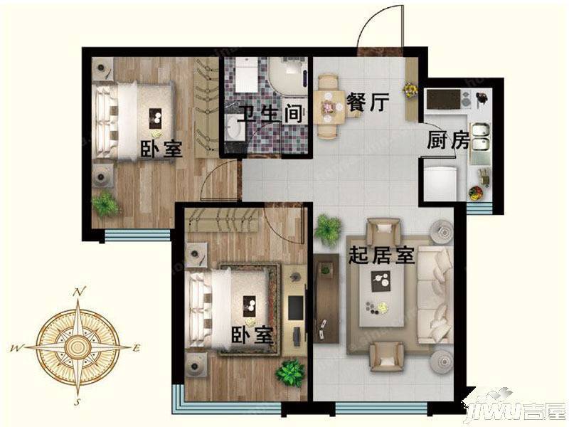 中传百乐里（停工）2室2厅1卫75.1㎡户型图