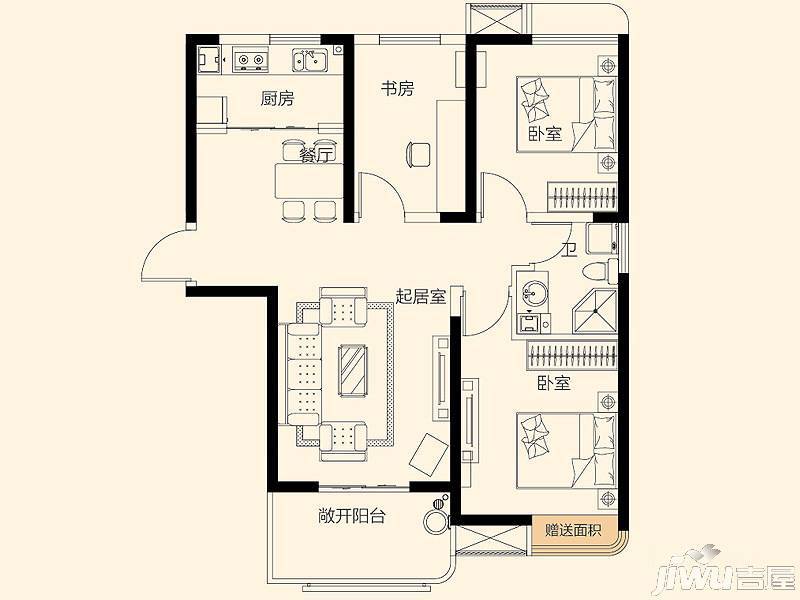 烟台星颐广场3室2厅1卫103.7㎡户型图