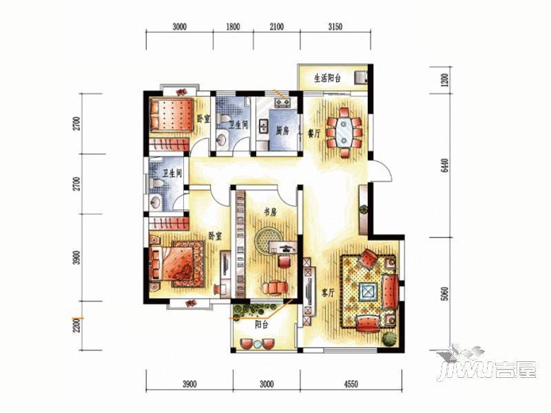 丽水山川3室2厅2卫131㎡户型图