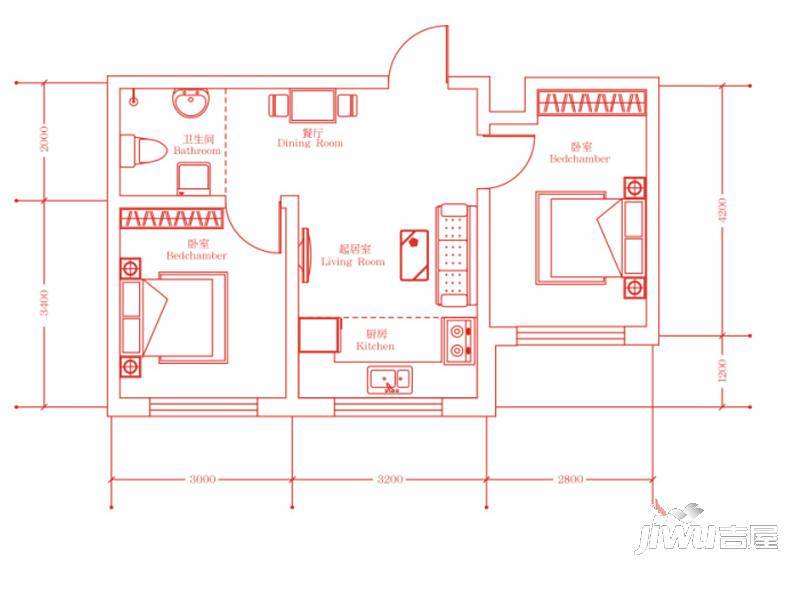 嘉惠红树湾2室1厅1卫55.2㎡户型图