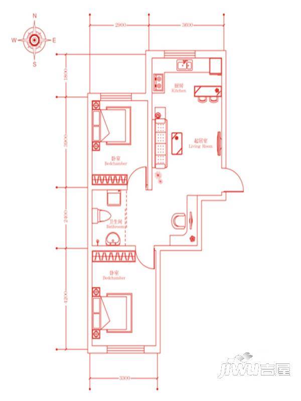 嘉惠红树湾2室1厅1卫72.4㎡户型图