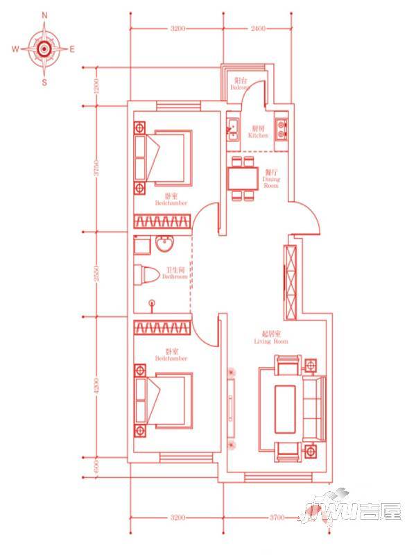 嘉惠红树湾2室2厅1卫82.7㎡户型图