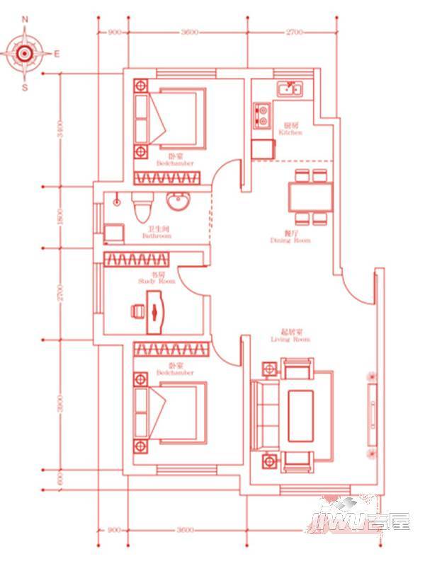 嘉惠红树湾2室2厅1卫98㎡户型图