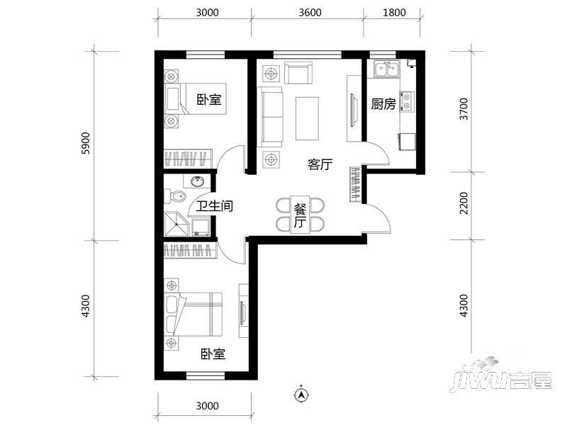 万晟幸福里2室2厅1卫72.3㎡户型图