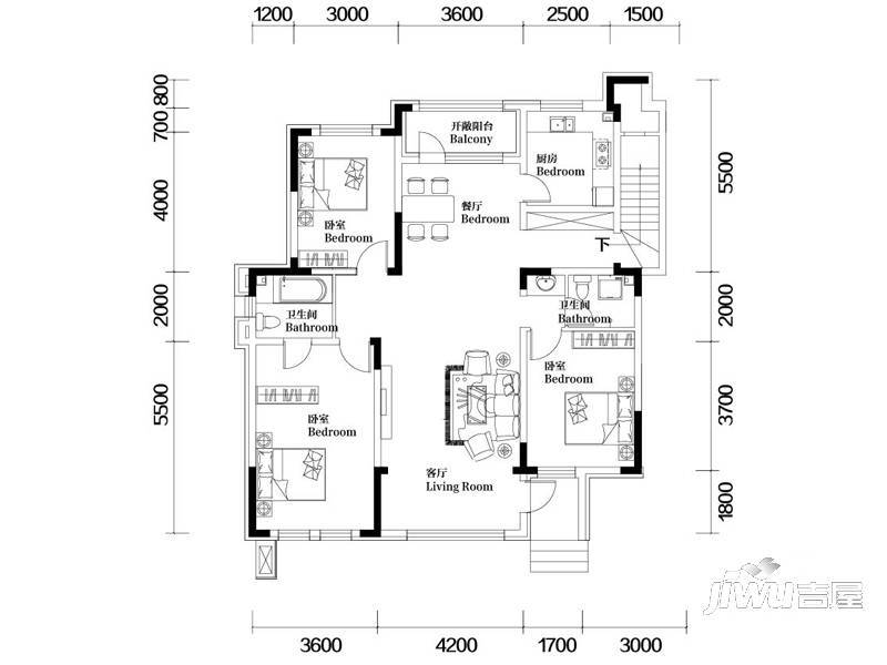 奥体玉园3室2厅2卫124㎡户型图