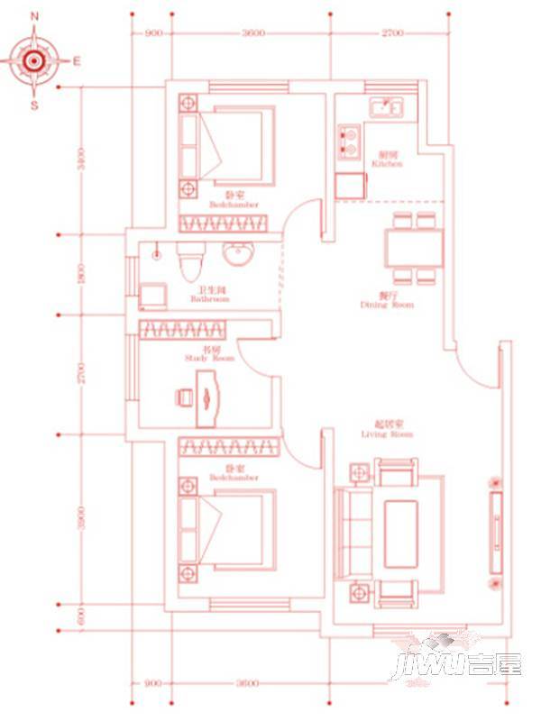 嘉惠红树湾2室1厅1卫55.2㎡户型图